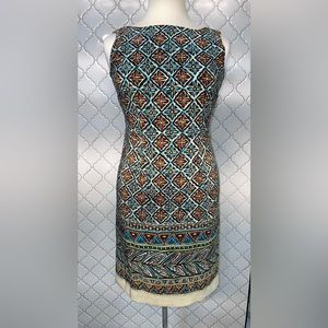 Sag Harbor Dress, size 8, sleeveless brown & turquoise, EUC